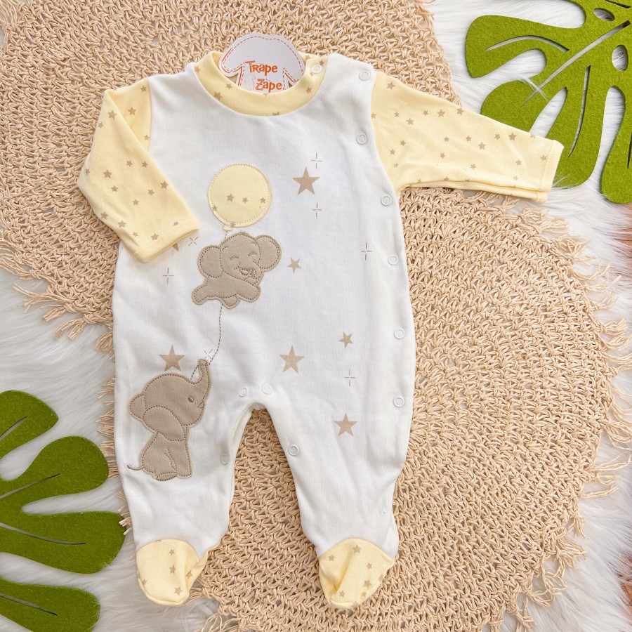 Macacão Malha Trape Zape - Elefantinhos e Estrelinhas - Amarelo e Off White